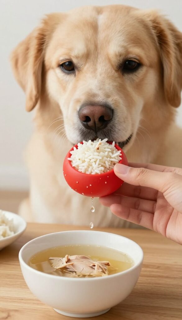 Red Kong toy stuffed with chicken and rice on a wooden table