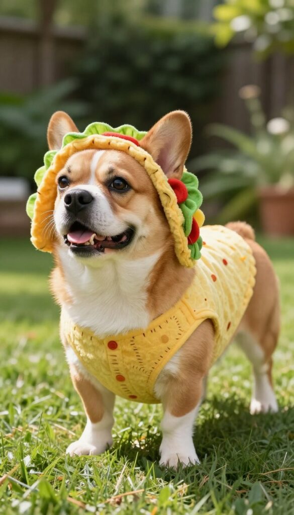 Small dog wearing a colorful taco costume with felt toppings, standing on grass in natural sunlight.
