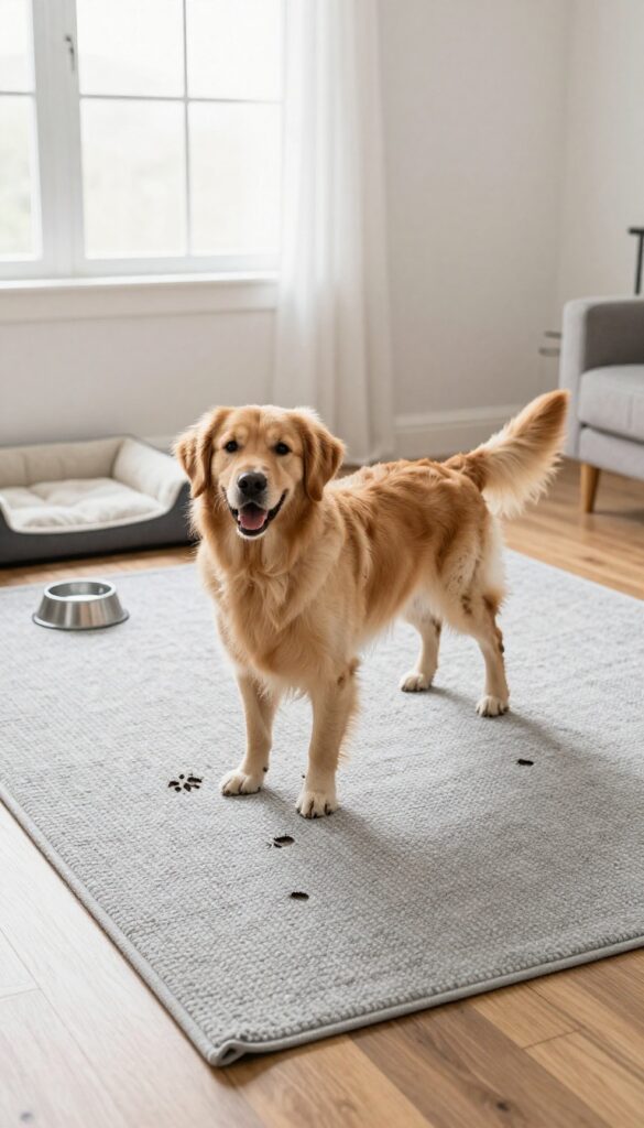 Washable rug zone with muddy dog paws on a flatweave rug in a bright living room