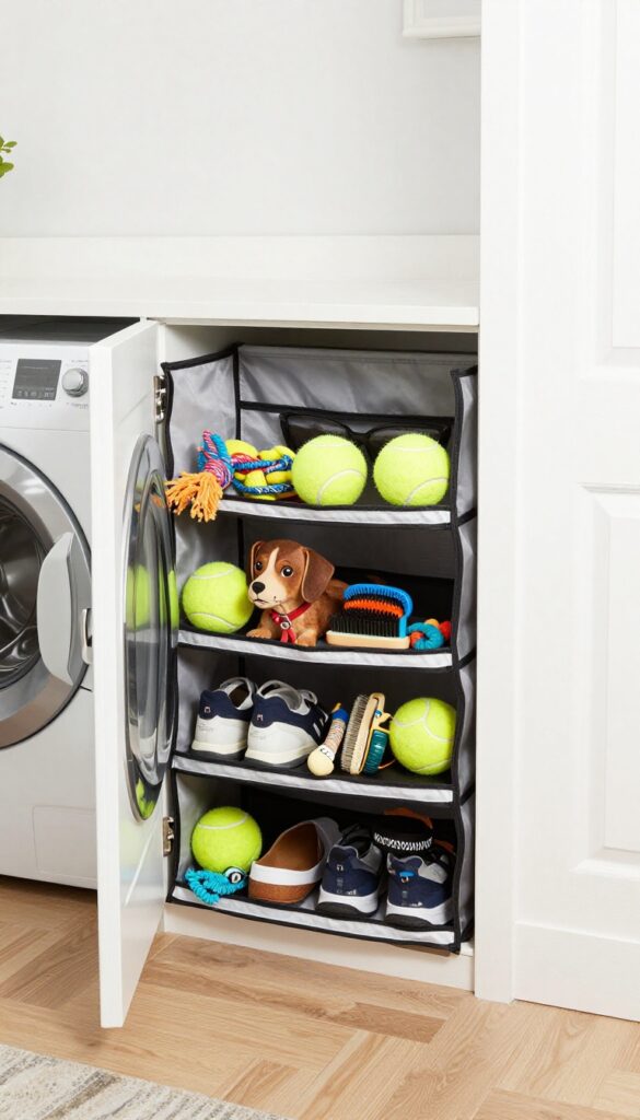 Over-the-door clear shoe organizer filled with dog toys, brushes, and leashes in a bright laundry room, with washer and dryer in background.