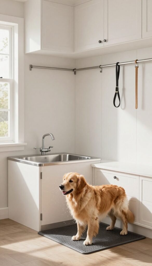 All-in-one mudroom dog wash station with storage, basin, and drying area, featuring a golden retriever shaking off water.