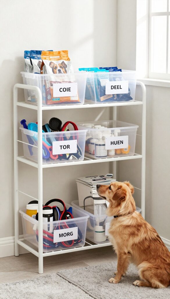 Organized dog supply storage with labeled clear bins on a white shelf, dog sitting nearby