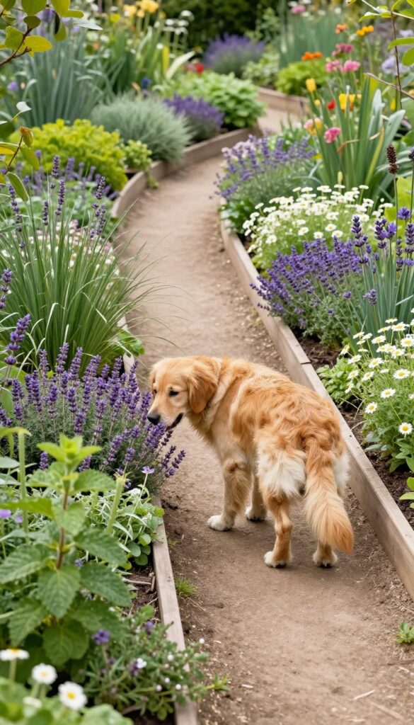 A dog exploring a sensory garden with lavender, mint, and grasses along a winding path