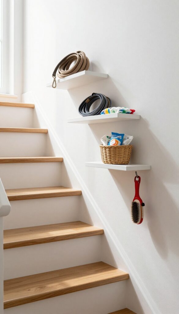 Slim shelves beside a staircase storing dog leash, collar, and accessories in bright natural light.