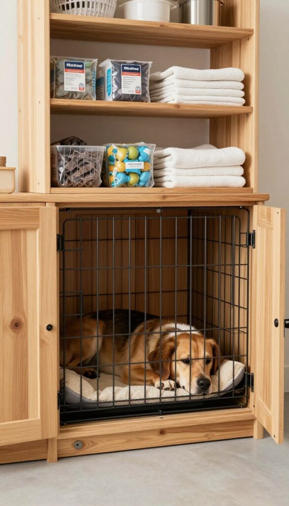 A dog resting inside a crate built into a repurposed wooden cabinet with storage shelves in a bright garage.