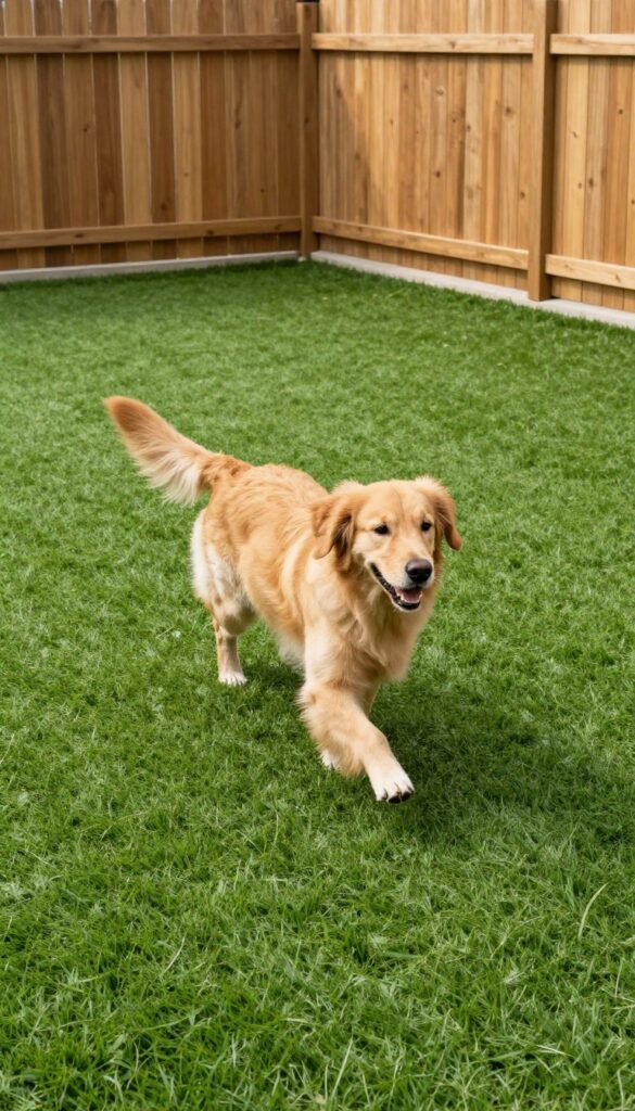 A dog running on synthetic grass with infill in a narrow side yard, photorealistic and bright