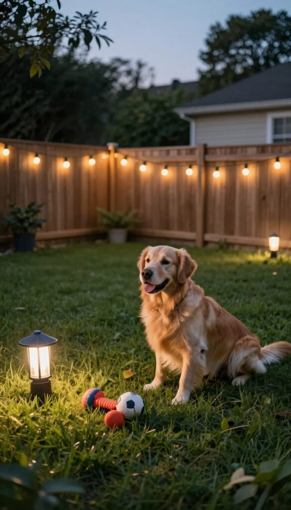 Dog playing fetch in backyard with solar string lights and path lights at dusk