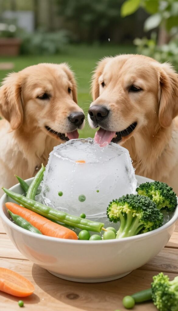 Frozen veggie medley bowl with colorful vegetables in ice, dog licking it