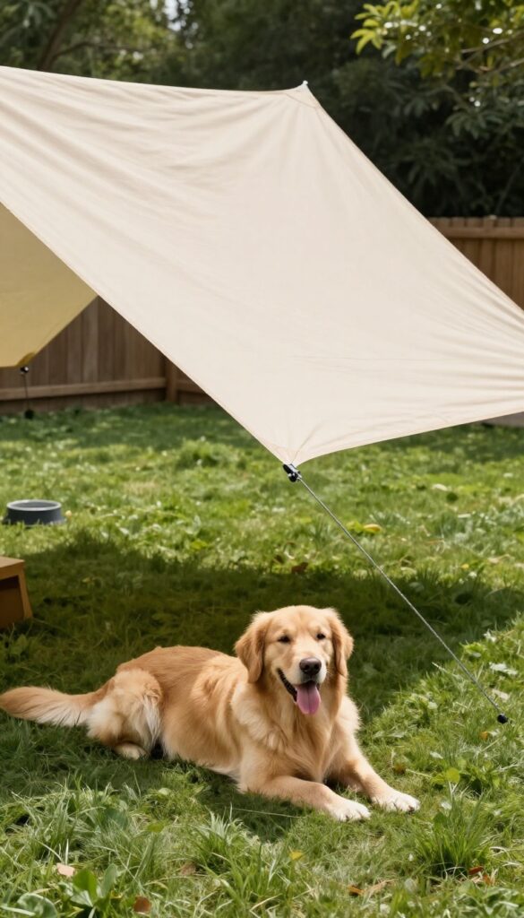 Dog resting under a shade sail canopy in a backyard dog run