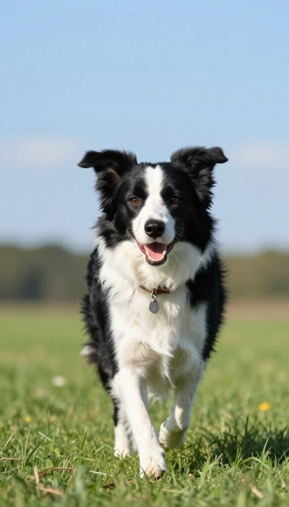 A Border Collie running in a sunlit field, wearing a leather collar with a metal ID tag.