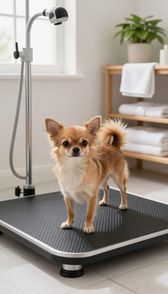 Small dog on raised non-slip platform in laundry room dog wash station