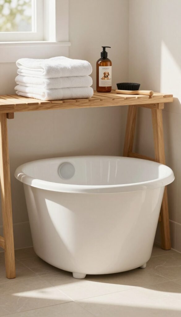 Slatted wood shelf above dog bath tub with towels and pet supplies