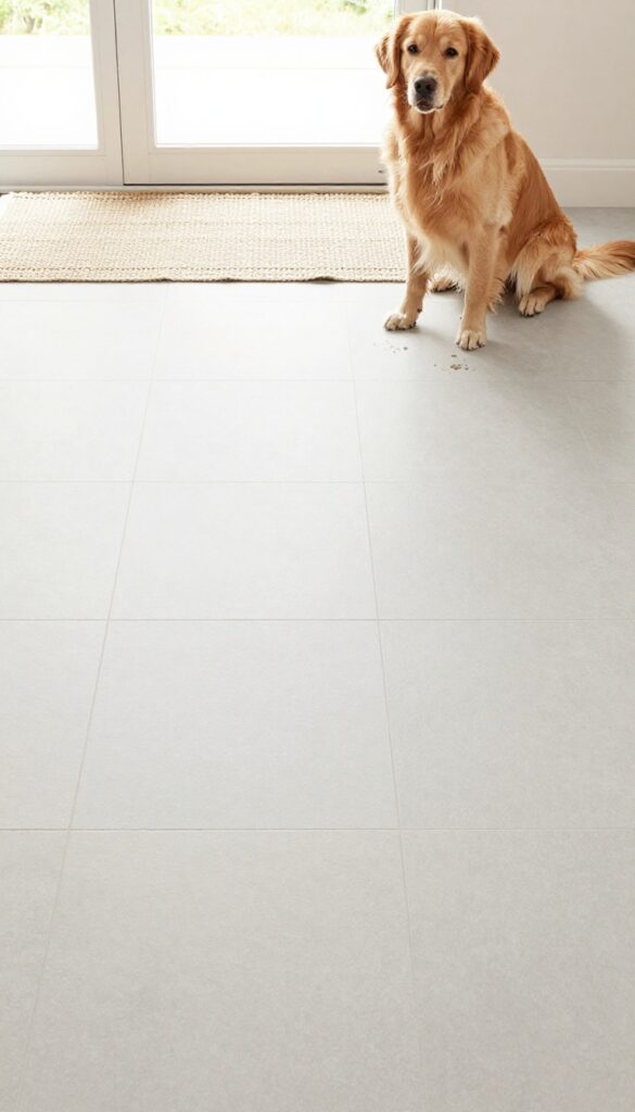 Golden Retriever sitting on washable rug in mudroom with durable porcelain tile flooring