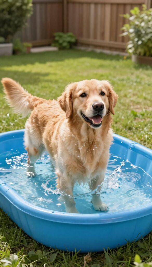 Golden retriever splashing in a kiddie pool in a sunny backyard