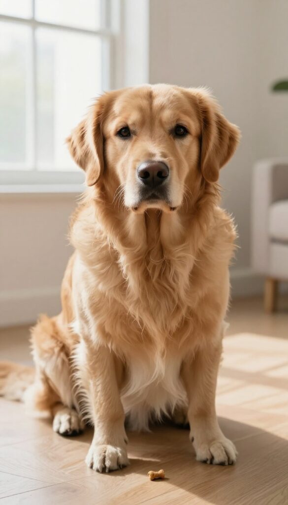 Golden retriever sitting patiently with treat on floor in bright natural light