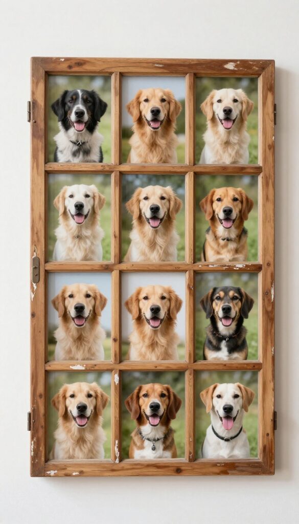Rustic repurposed window frame displaying multiple photos of a dog in a bright room.
