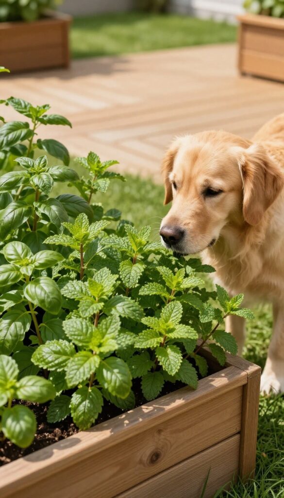 A golden retriever sniffing herbs in a raised garden bed in a sunny backyard
