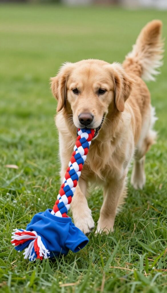 Dog playing tug-of-war with a braided t-shirt tug toy in a sunny backyard