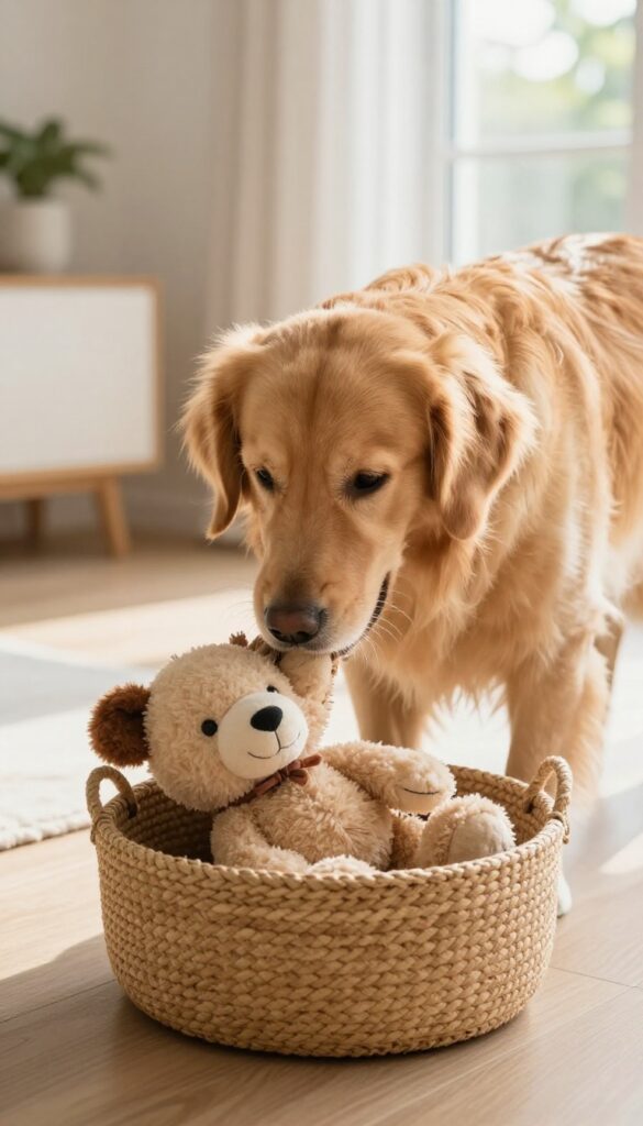 Golden retriever placing a toy into a bin for the tidy-up game, demonstrating impulse control.