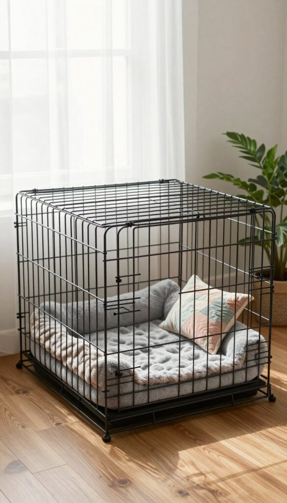 Cozy corner crate with plush bed and blanket in a bright room