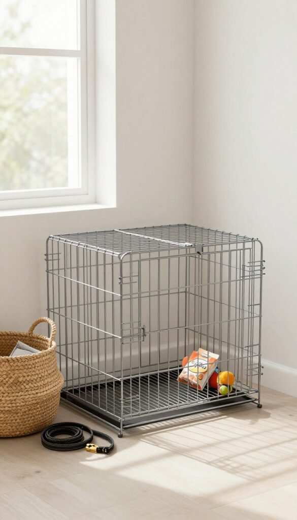 Dog crate with a woven storage basket next to it holding a leash, toy, and treats.