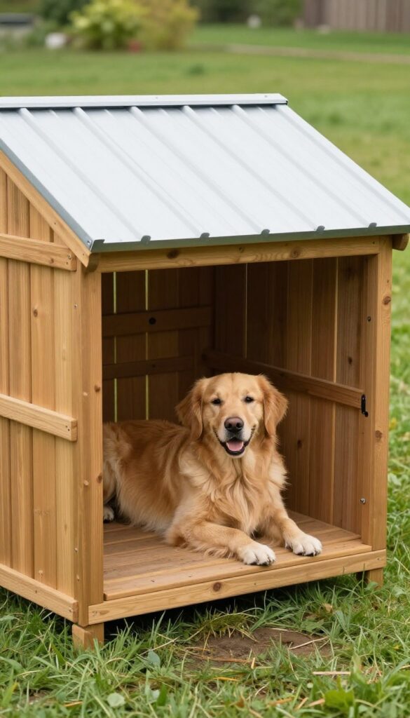 Shade-first kennel with canopy roof and dog on raised bed in sunny backyard