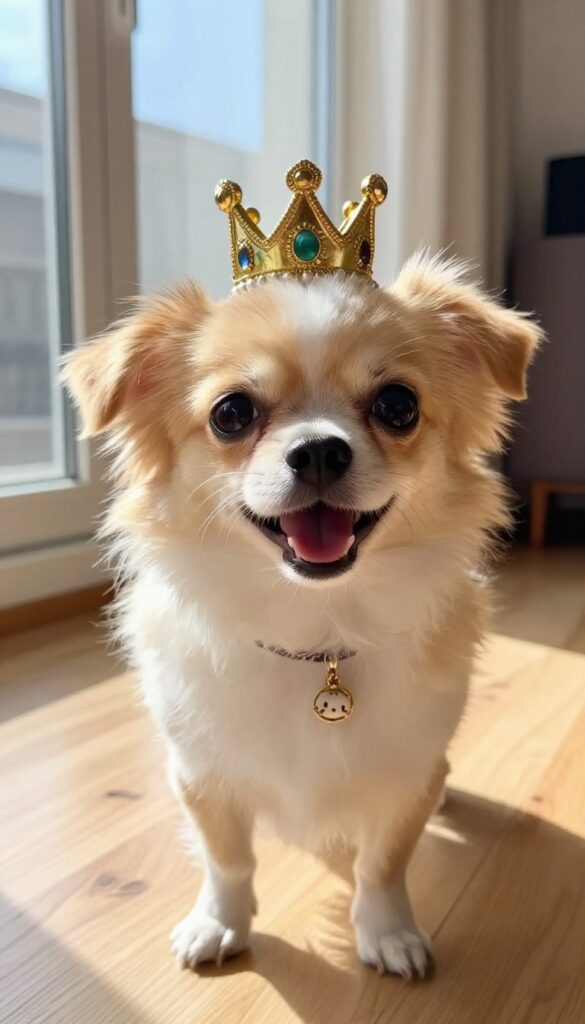 A small Chihuahua wearing a knight collar with a crown charm, barking playfully in a sunlit living room.