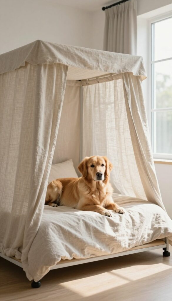 Dog crate with removable linen canopy for privacy, cozy indoor setting
