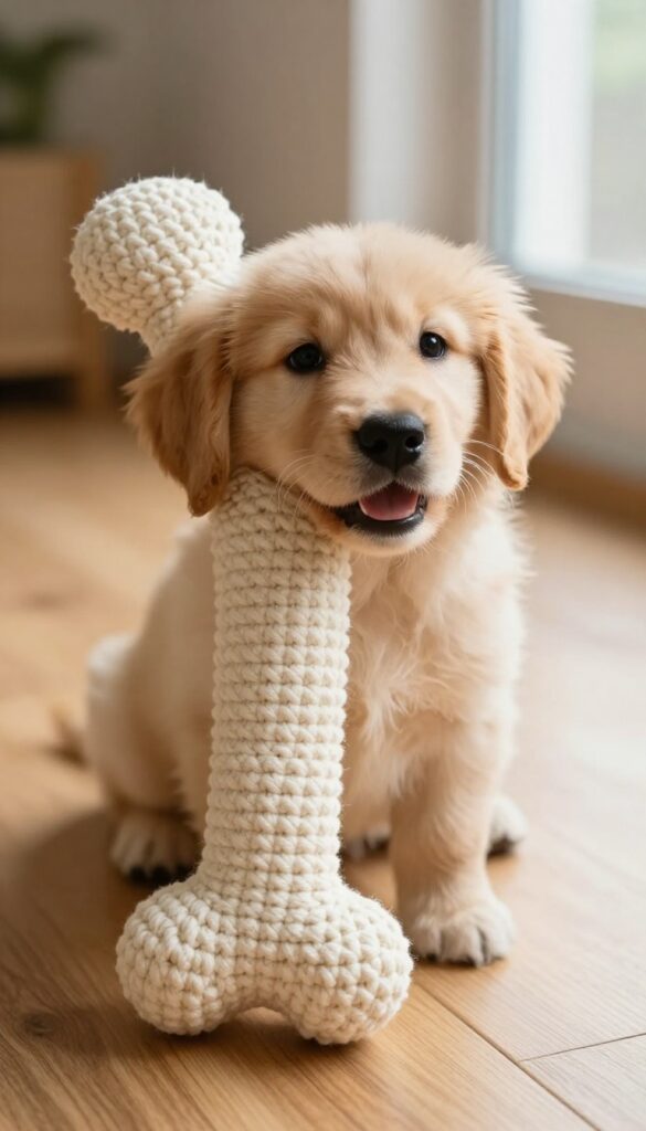 Crochet dog bone toy held by a puppy in natural light