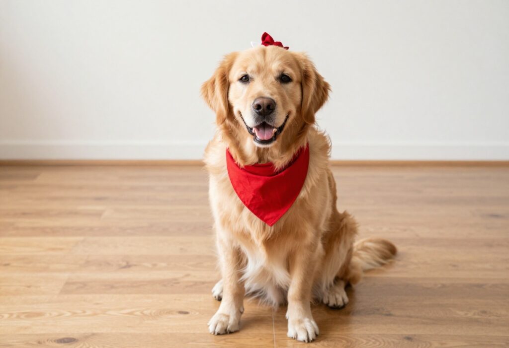 Golden retriever wearing a red bandana and hair bow, sitting on a wooden floor