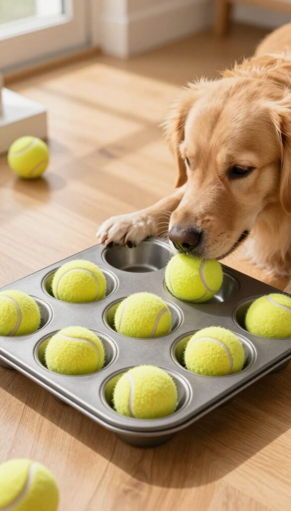 Golden retriever solving a muffin tin puzzle with tennis balls and treats on a wooden floor.