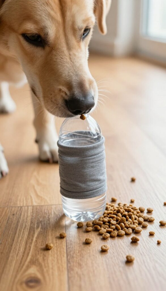 A dog pawing at a plastic bottle inside a sock, kibble on the floor.