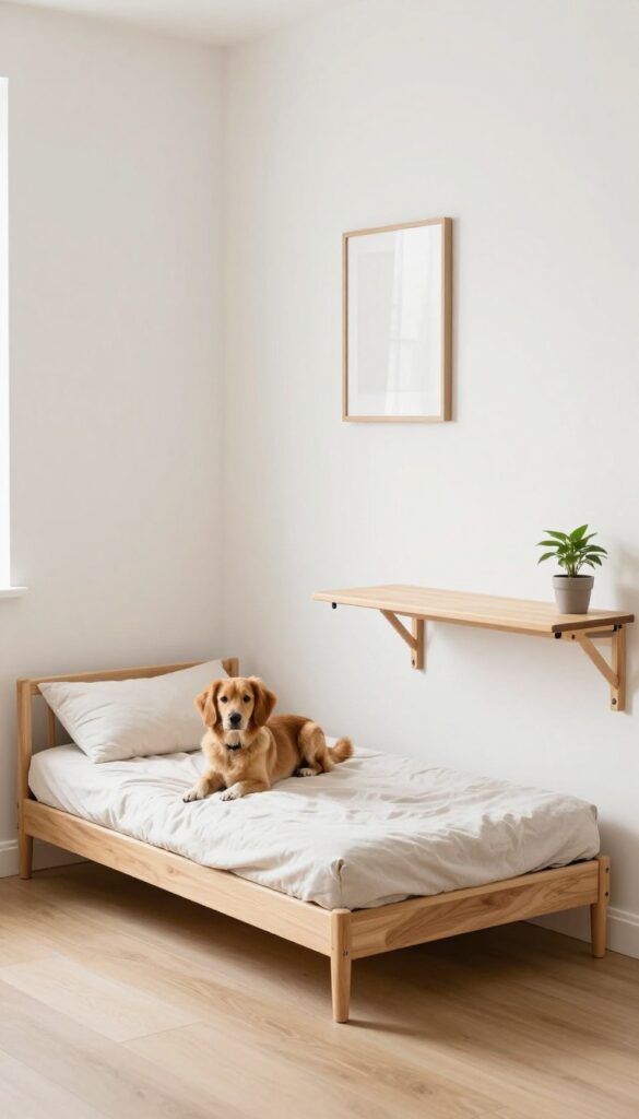 Fold-down desk mounted above a dog crate in a bright, minimalist room.