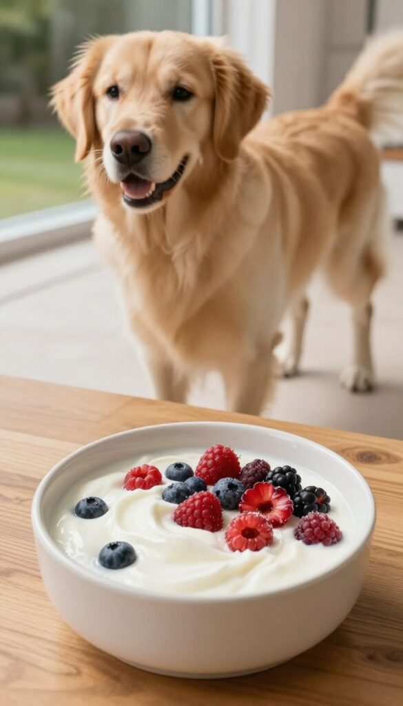 Frozen yogurt and berry enrichment bowl for dogs on a wooden table with a golden retriever in the background