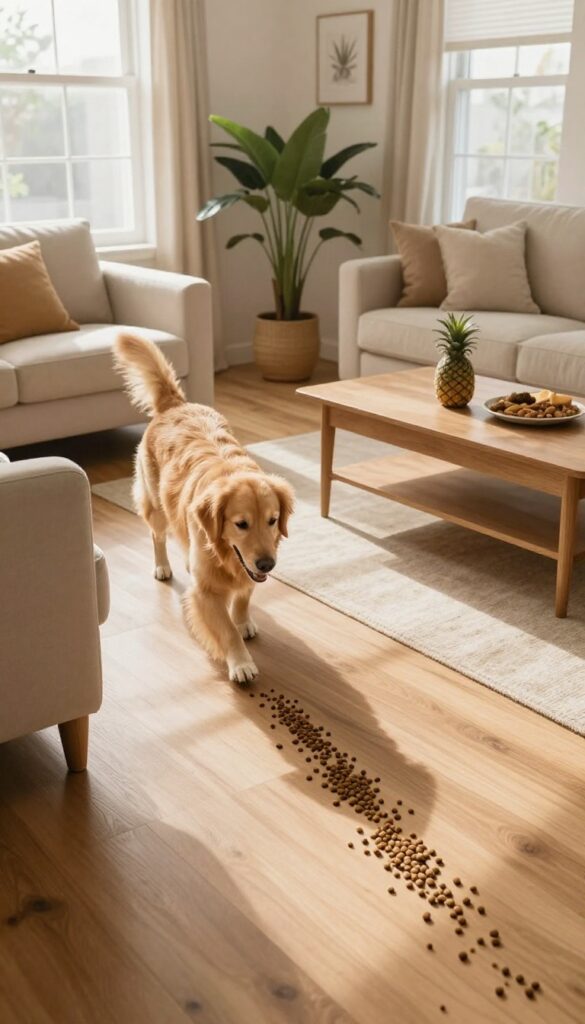 Dog sniffing kibble trail on living room floor for scent enrichment activity