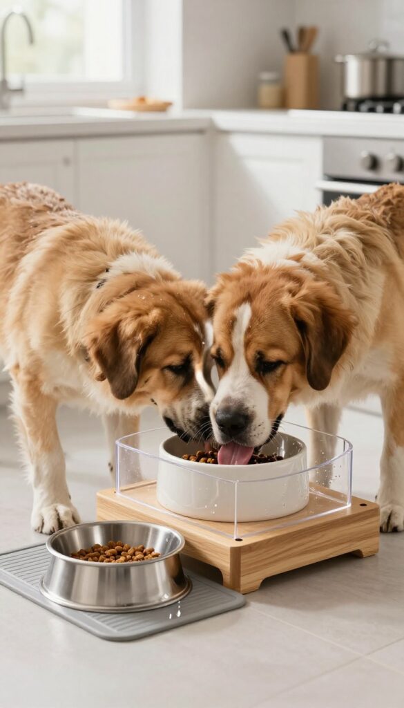 A dog feeding station with a splash guard and raised bowls in a bright kitchen.
