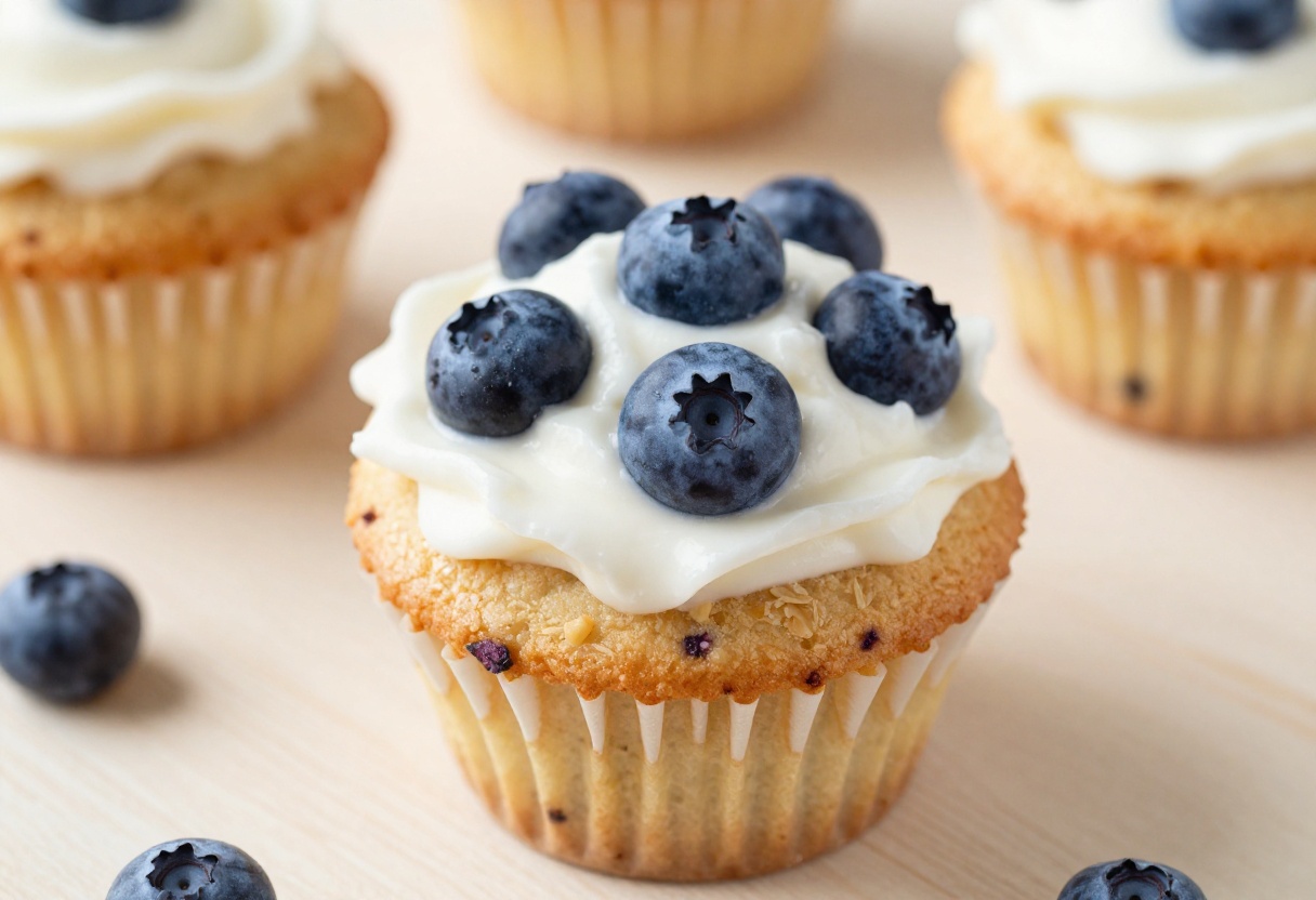 A single blueberry dog cupcake with yogurt frosting on a wooden surface