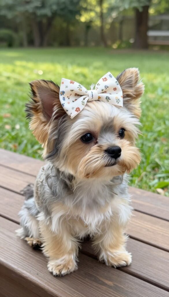 Small fluffy dog wearing a printed floral bow on its head in natural outdoor light