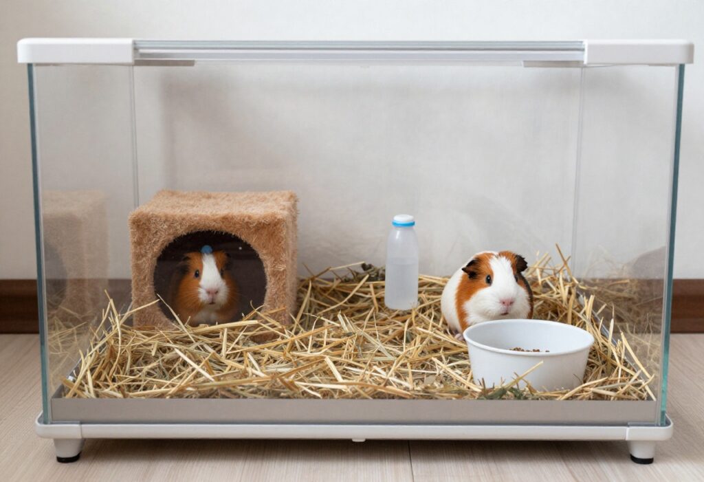 Collage of DIY guinea pig cages: bookshelf, C&C, and storage bin, with guinea pigs and accessories.