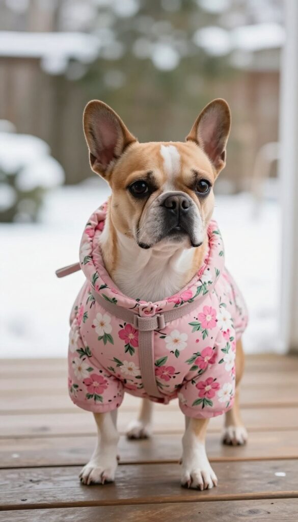 Small dog in floral print winter coat on snowy porch