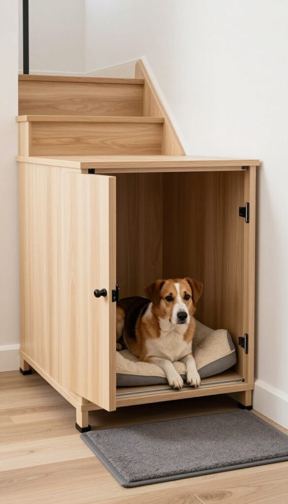 Built-in under-stairs dog crate with sliding wooden door, modern home interior, bright natural light.
