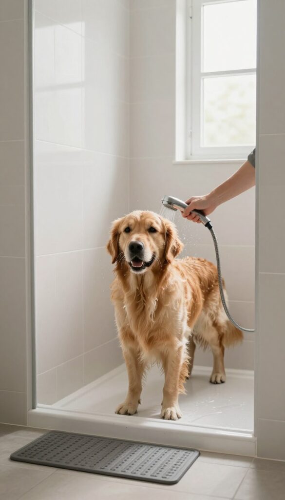 Dog standing in a low-threshold shower pan in a laundry room, being rinsed with a handheld wand