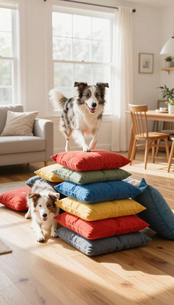 Indoor obstacle course for dogs using household items like pillows, chairs, and blanket tunnels in a bright living room.