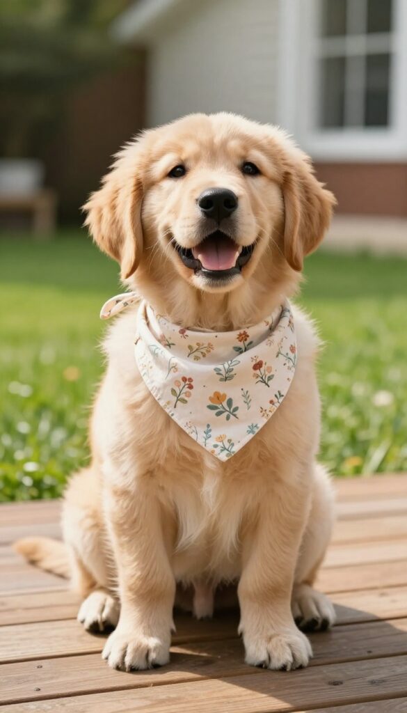 Golden retriever puppy wearing a floral patterned bandana on a sunny deck.