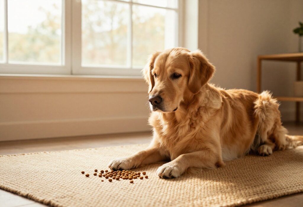 Calm golden retriever sniffing a snuffle mat on a rug in a cozy home