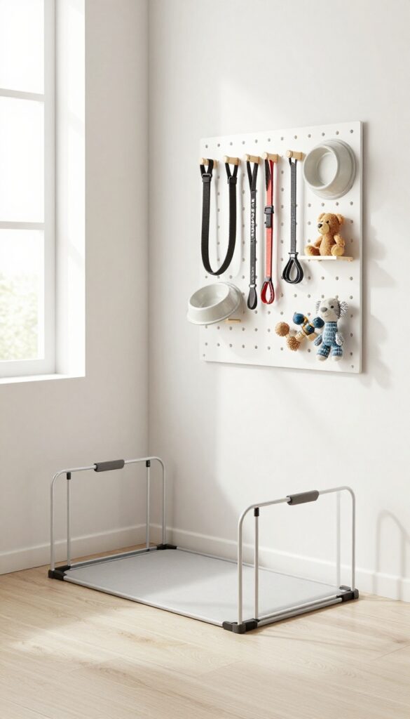 Foldable dog exercise pen with wall storage for leashes, bowls, and toys in a bright, organized home corner.