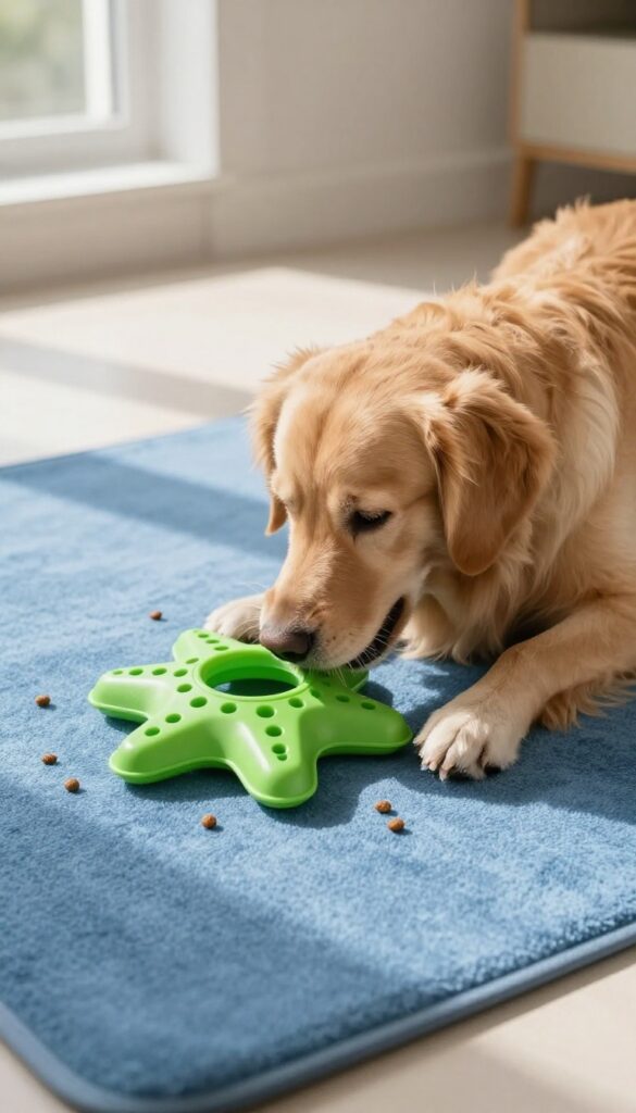 Golden retriever playing with a treat-dispensing puzzle toy inside a dog crate