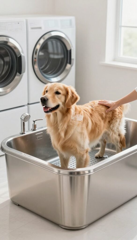 Raised dog bath tub in a laundry room with a golden retriever and owner during bath time