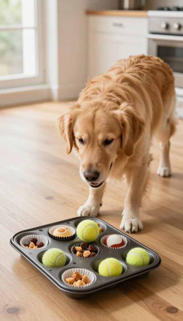 Dog playing muffin tin game by nudging tennis balls to find treats