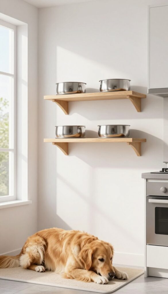 Wall-mounted dog feeding station with raised bowls and a mat, dog eating from the bowls in a bright, clean room